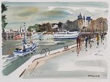 a watercolor painting of people walking on the sidewalk