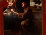 a painting of a man sitting in front of a painting of a child