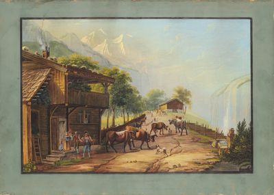 une photo d'un tableau représentant des chevaux et des personnes sur la route