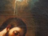 an image of a painting of a man holding a dove above his head