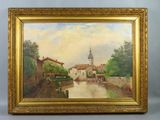 an oil painting of a river scene with a church in the background