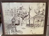 une photo représentant un dessin illustrant une scène de rue, placée dans un cadre