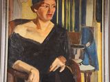 painting of a woman in a black dress sitting in a chair