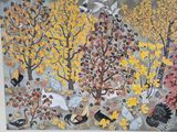 a painting of a group of birds in a forest