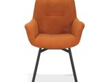 a close up of a chair with an orange upholstered seat