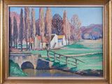 une peinture à l'huile représentant une scène de campagne avec un pont enjambant un ruisseau