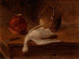 un tableau représentant un canard et un pot posés sur une table
