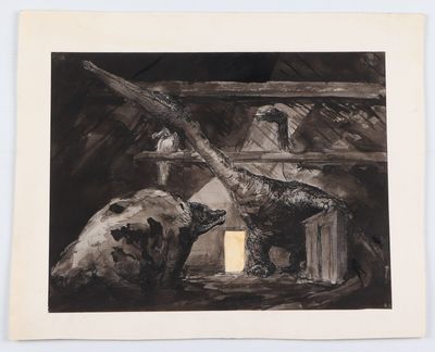 une image représentant un tableau où l'on voit un ours et son ourson dans une grange