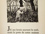 an old book with a picture of a woman sitting in the woods