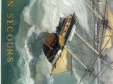 a painting of a ship in the water with a man on it