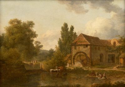 a painting of a water wheel in the middle of a river