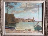 a picture of a painting of a boat on the water