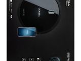 a close up of a black box with a blue button on it