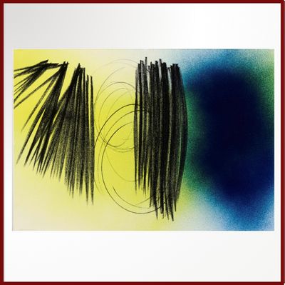 tableau représentant une peinture abstraite bleue et jaune, dans un cadre rouge