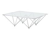 une table basse blanche avec un plateau en verre et des pieds en métal