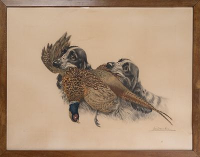 a picture of a painting of a pheasant and two other birds