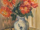 a painting of flowers in a vase on a table