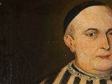 an old painting of a man with a black and white striped shirt