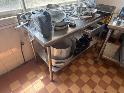 many pots and pans sitting on a kitchen table