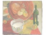 un tableau représentant une corbeille de fruits et une cruche de lait