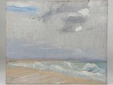 an oil painting of a beach scene with a cloudy sky