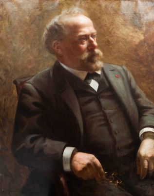 tableau représentant un homme en costume-cravate, assis sur une chaise