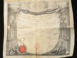 an old document with a red apple on it sitting on top of a table