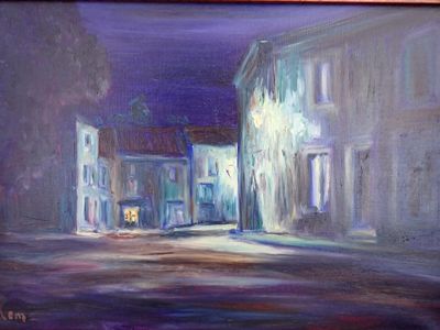 peinture représentant une peinture d'une rue la nuit, avec une voiture dans la rue