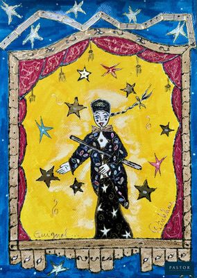 un tableau représentant une femme en costume, avec des étoiles sur la tête