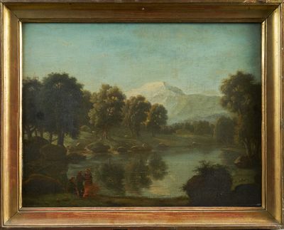 painting of a river scene with a man and a woman in the foreground