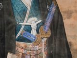 painting of a man in a kimono with a sword and a book