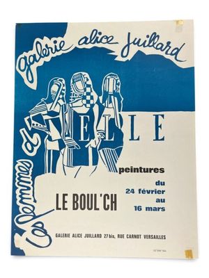 a blue and white poster with a picture of a group of people
