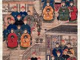 une image représentant un tableau où l'on voit un groupe de personnes debout dans une cour