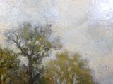 an oil painting of cows grazing in a field with trees in the background