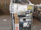 a cart full of boxes in a warehouse with a net over it