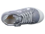 grey sneakers with white laces on the top of them