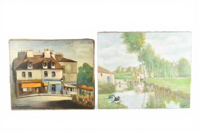 ECOLE FRANCAISE DU XXe s. Lot de 2 Huiles sur toile comprena…