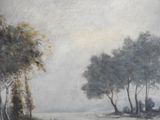 painting of a landscape with trees and a body of water in the foreground