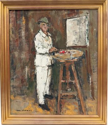 une peinture à l'huile représentant un homme en costume blanc debout à côté d'un chevalet