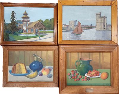trois tableaux représentant des fruits et un pichet bleu posés sur une table