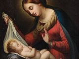une image d'une peinture représentant une femme tenant un bébé sur ses genoux