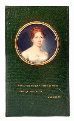 un vieux livre sur lequel figure l'image d'une femme en robe verte