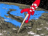 illustration d'une fusée survolant la Terre, avec un ciel bleu et des étoiles en arrière-plan