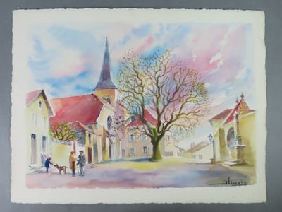 a watercolor painting of a church with a tree in the foreground