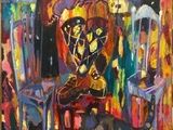 une peinture à l'huile représentant un homme assis sur une chaise devant un chat