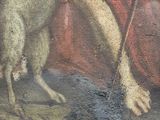 a painting of a man holding a dog in his arms