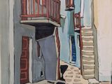 a painting of a man walking down a narrow street