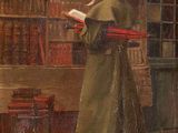 tableau représentant un homme en train de lire un livre devant une librairie