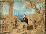 an image of a painting of a man sitting in a garden