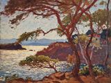 a painting of a tree by the water with a house in the background